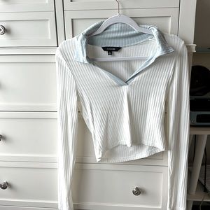 Glassons white and blue long sleeve crop top